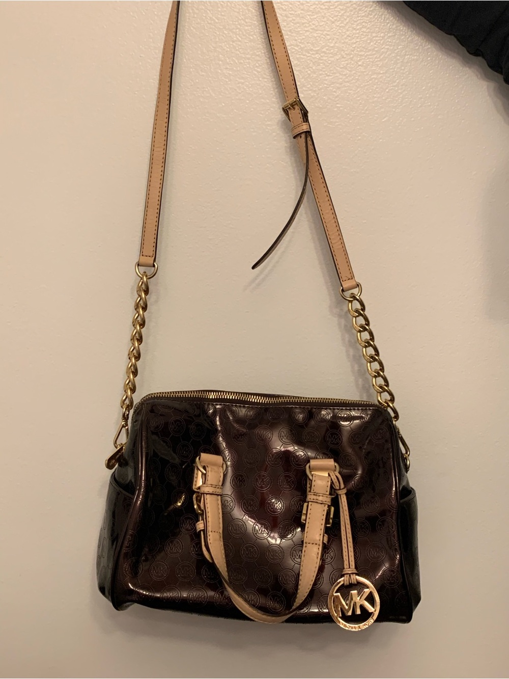 Michael Kors Brown Patent Leather Satchel with Tan Straps
